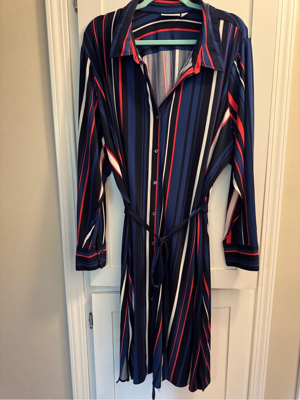 Susan graver Navy Multi-Stripe Button-Down Shirt Dress with Tie Waist